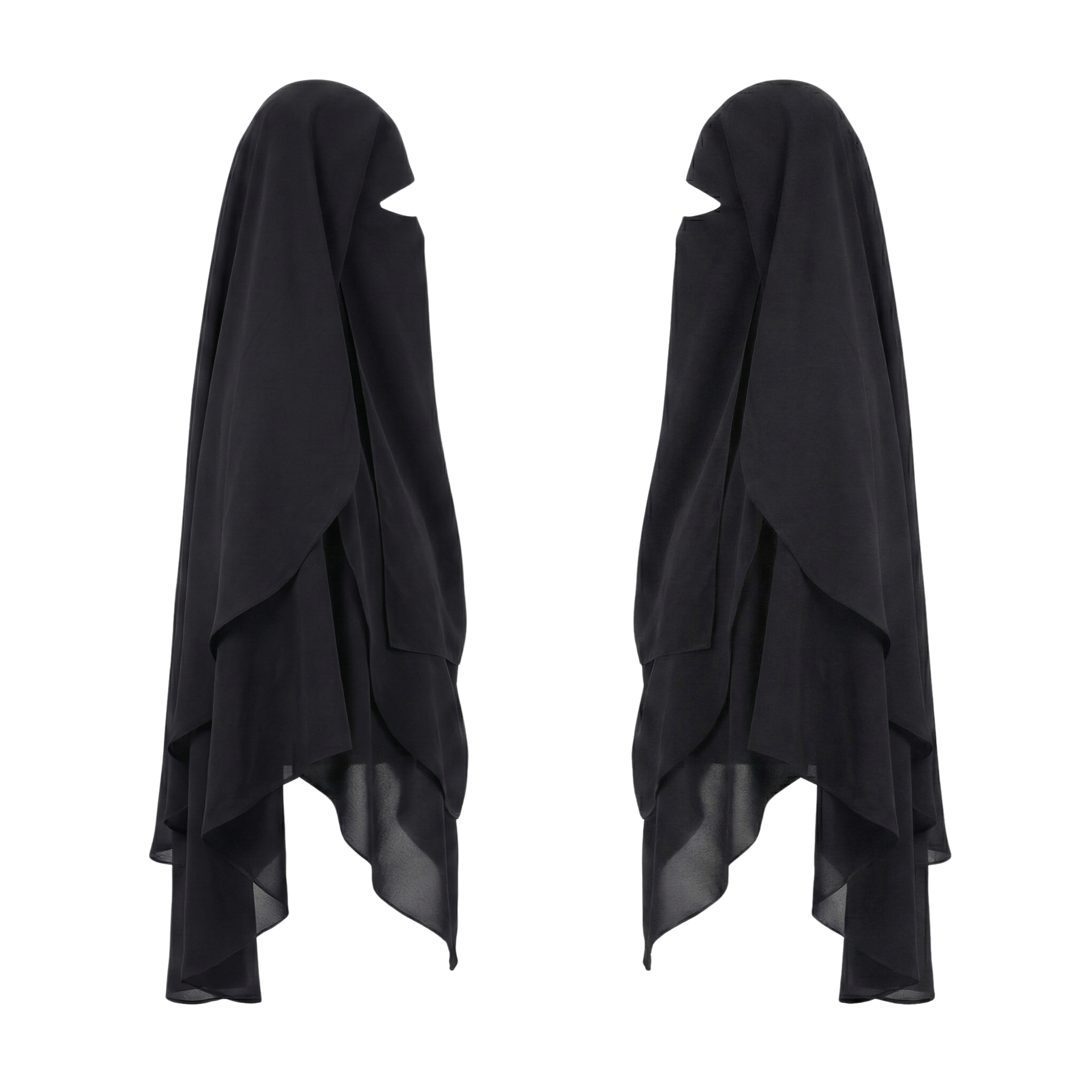 Two black 3 Layer Niqabs displayed side by side on a white background