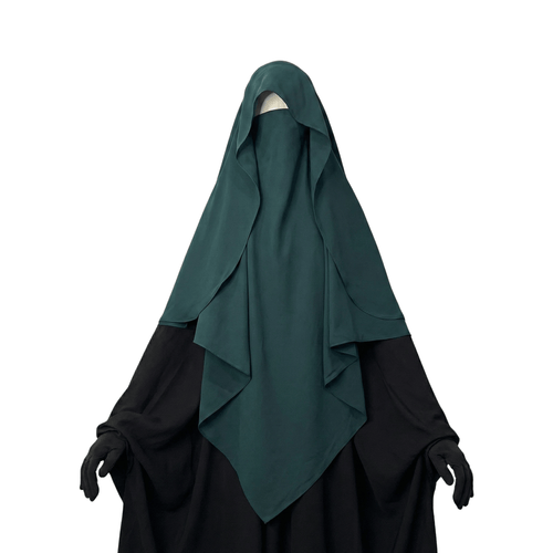 Dark green 3 Layer Khimar with black sleeves on a white background