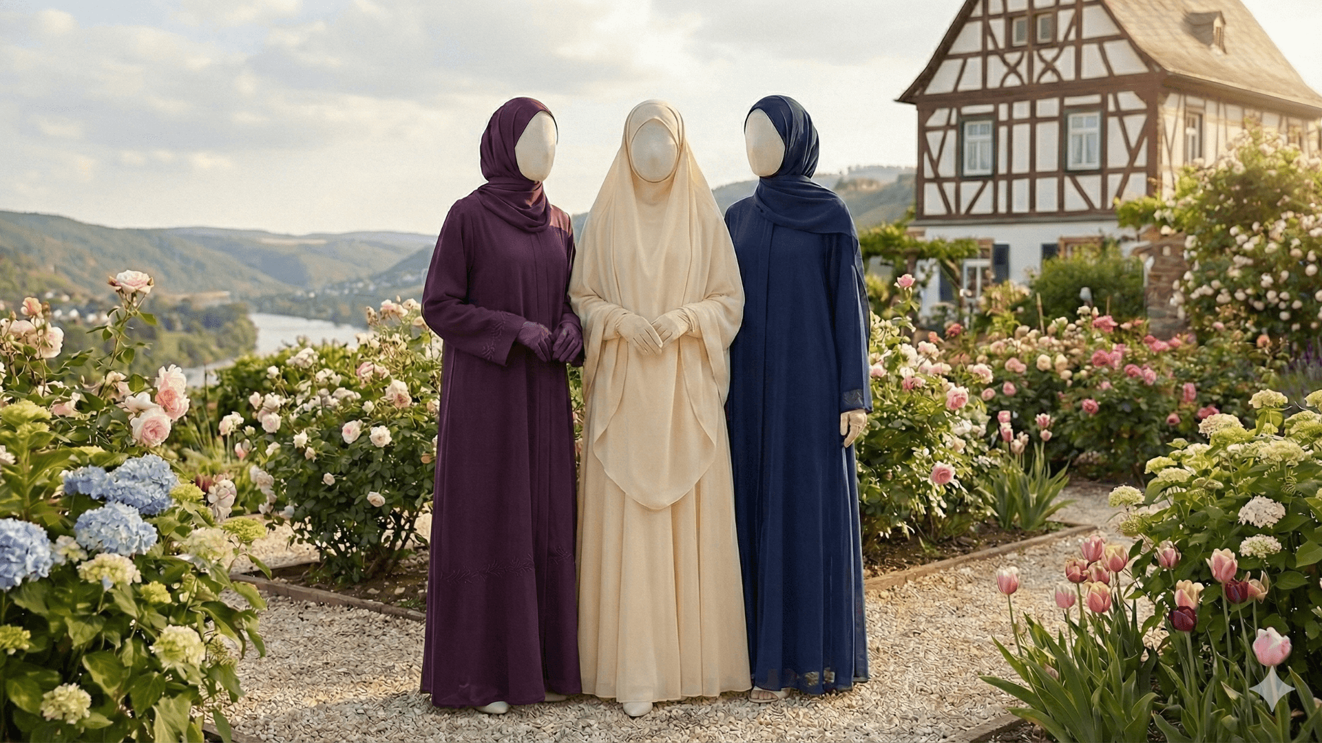 Three mannequins wearing hijabs in a garden setting with a traditional building in the background.
