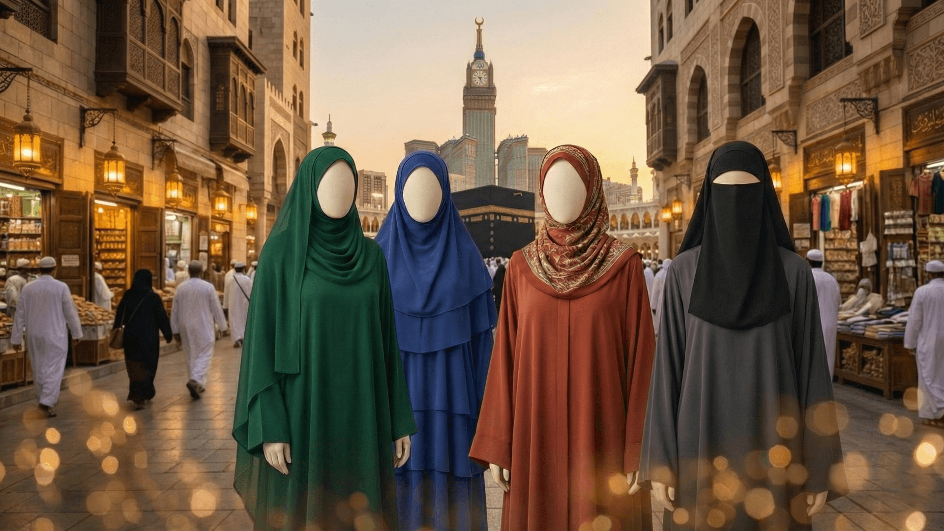Mannequins wearing colorful hijabs in a street setting with architectural and market elements.