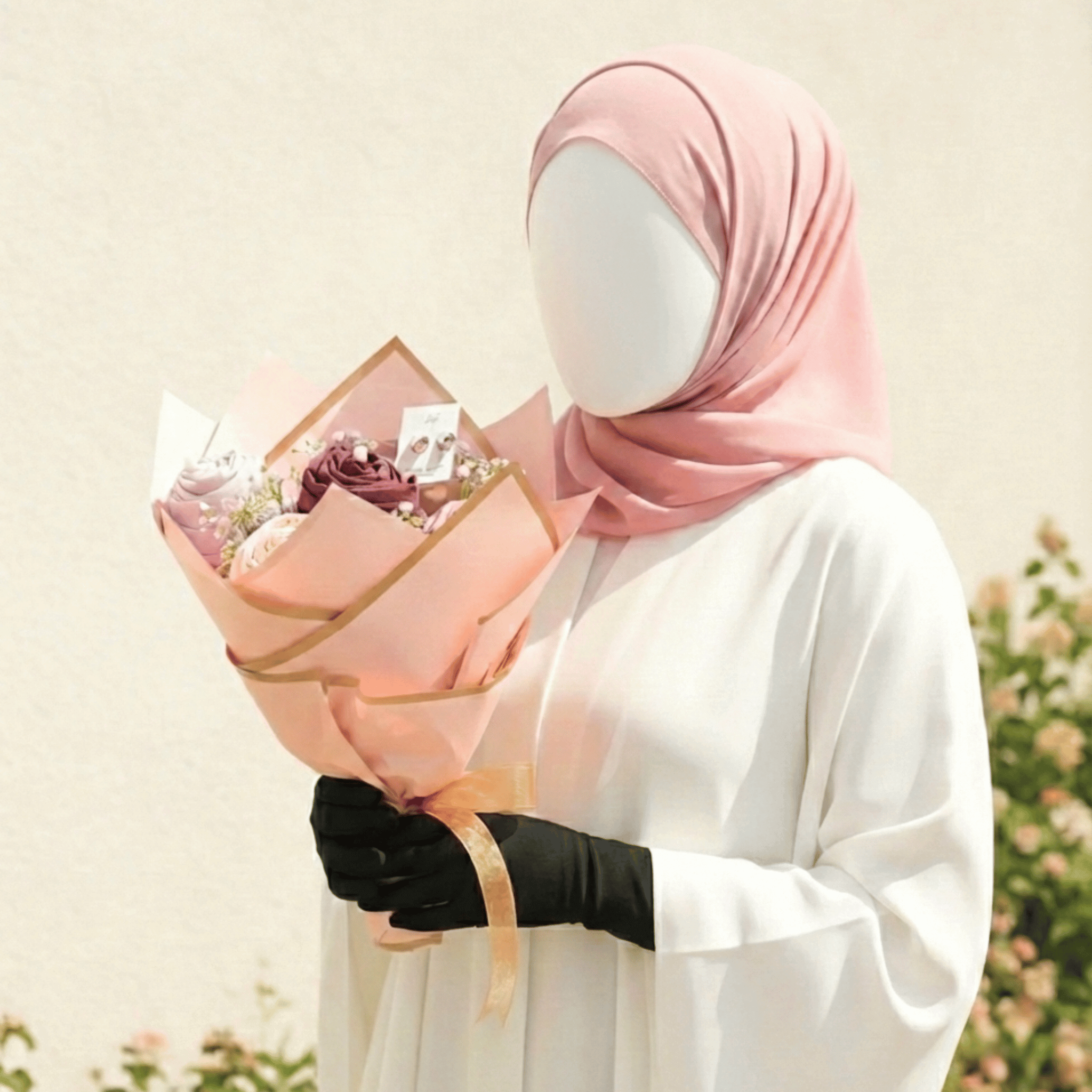 Person wearing a pink hijab holding a bouquet of flowers with a blurred floral background