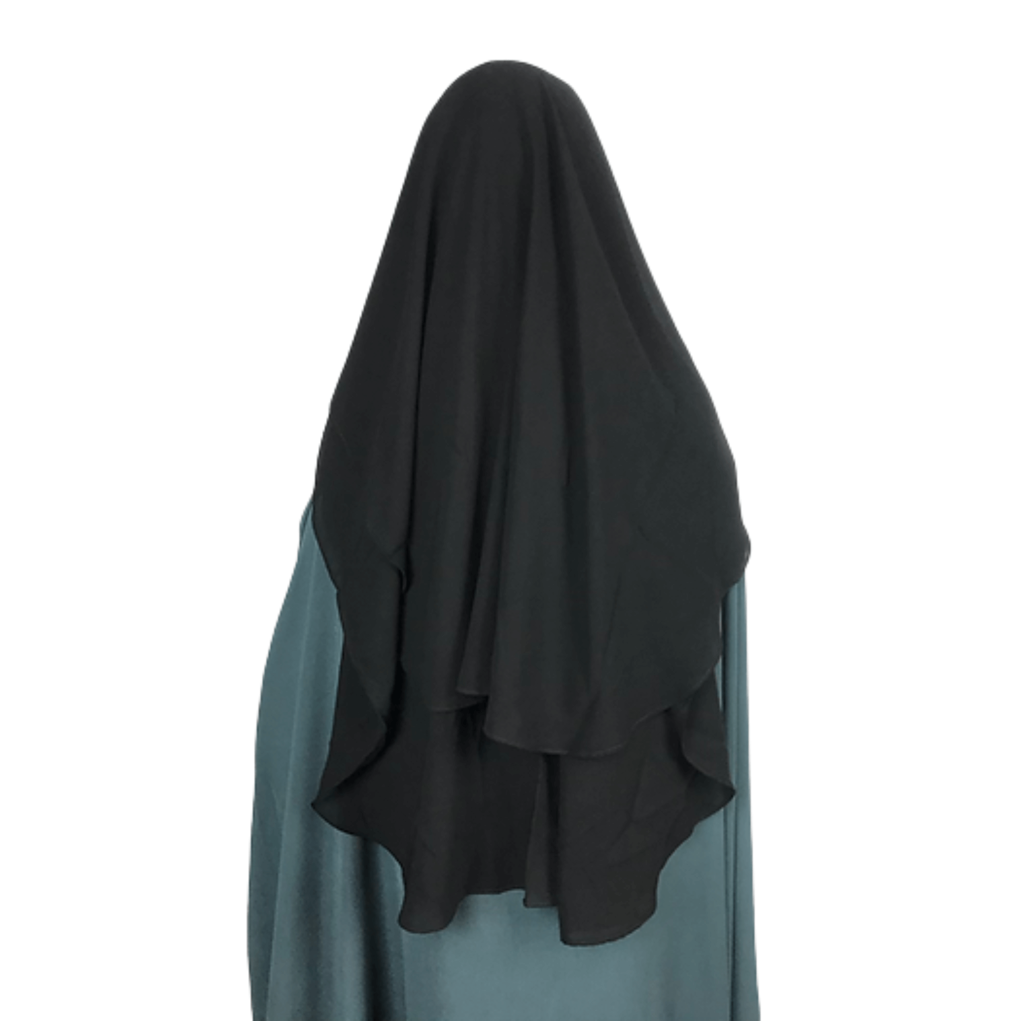 Person wearing a black hijab and teal dress on a white background