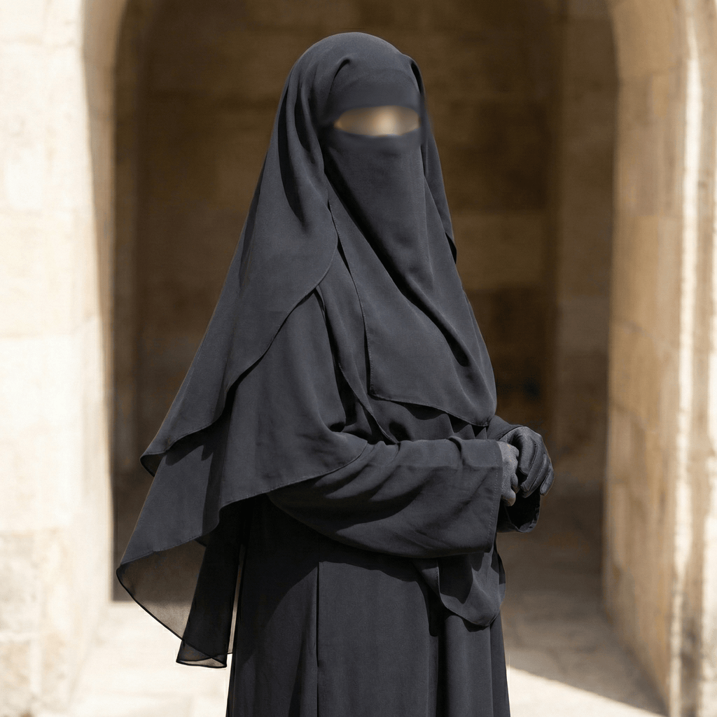 Person wearing a black niqab in front of a stone wall.